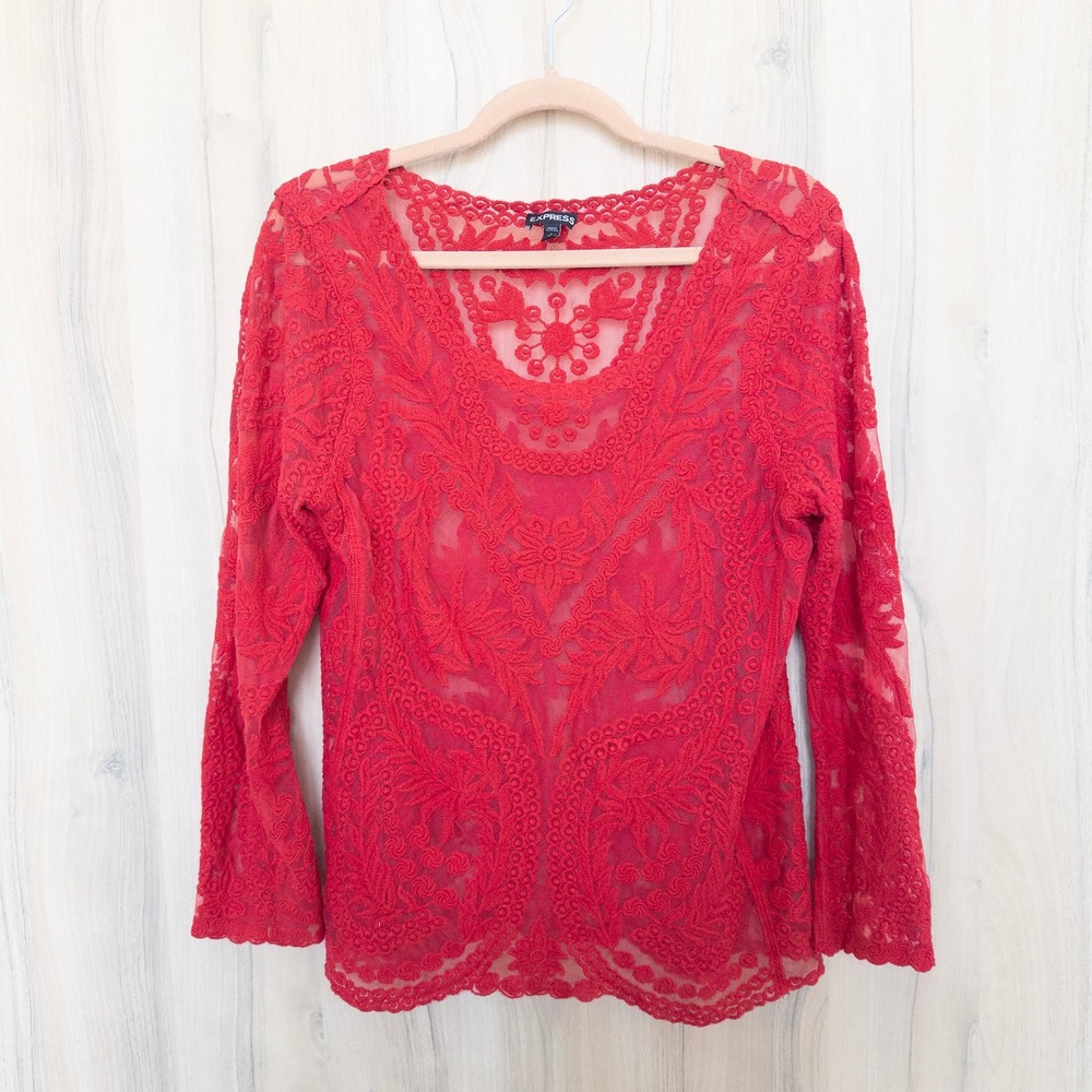 Express Womens Lace Sheer Top‎ Size L Red Floral Romantic Boho Coquette Feminine